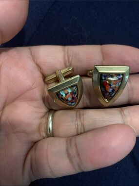 Vintage Triangular Brass Cufflinks with Multicolour Inlay